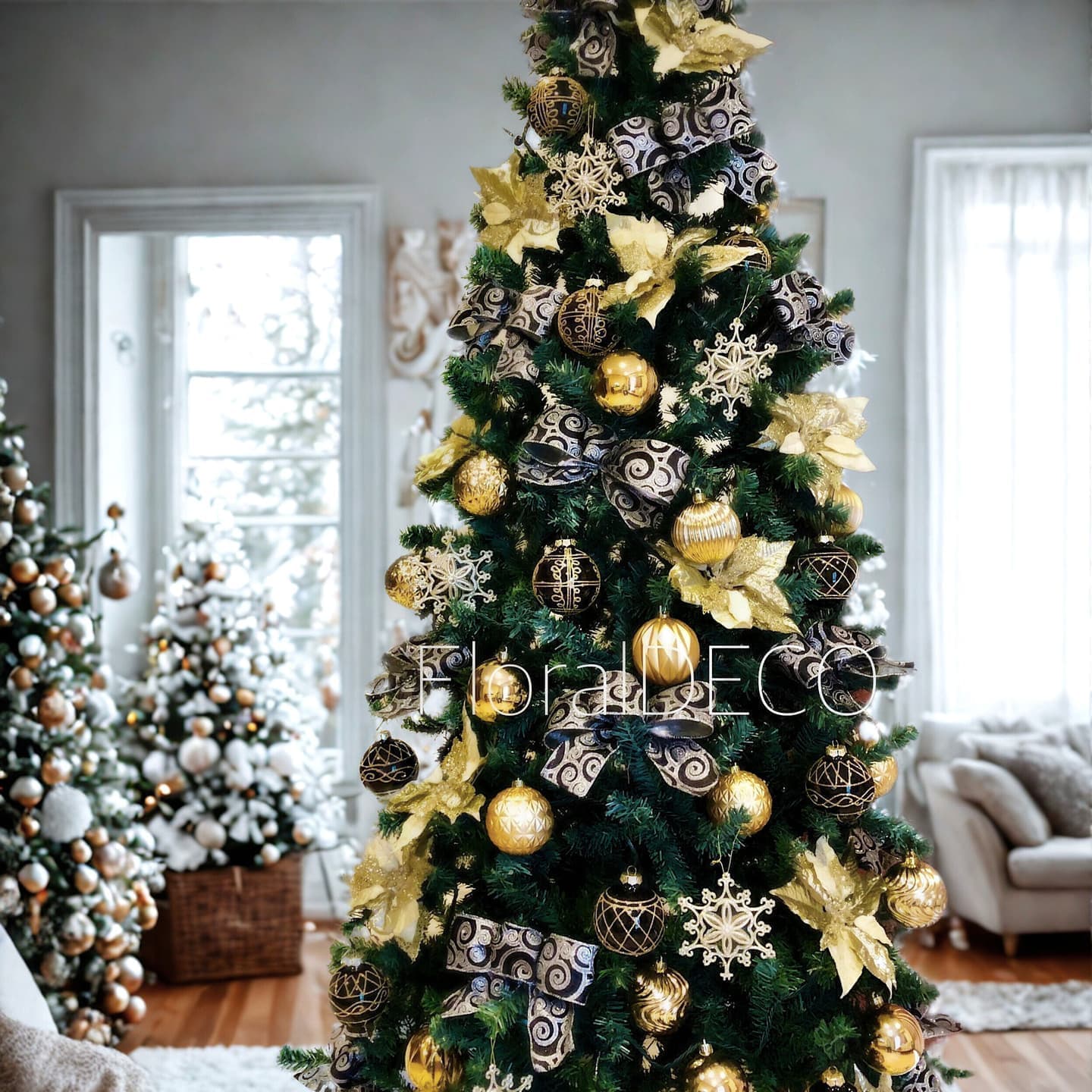 エレガントな装飾が施されたレンタルクリスマスツリー