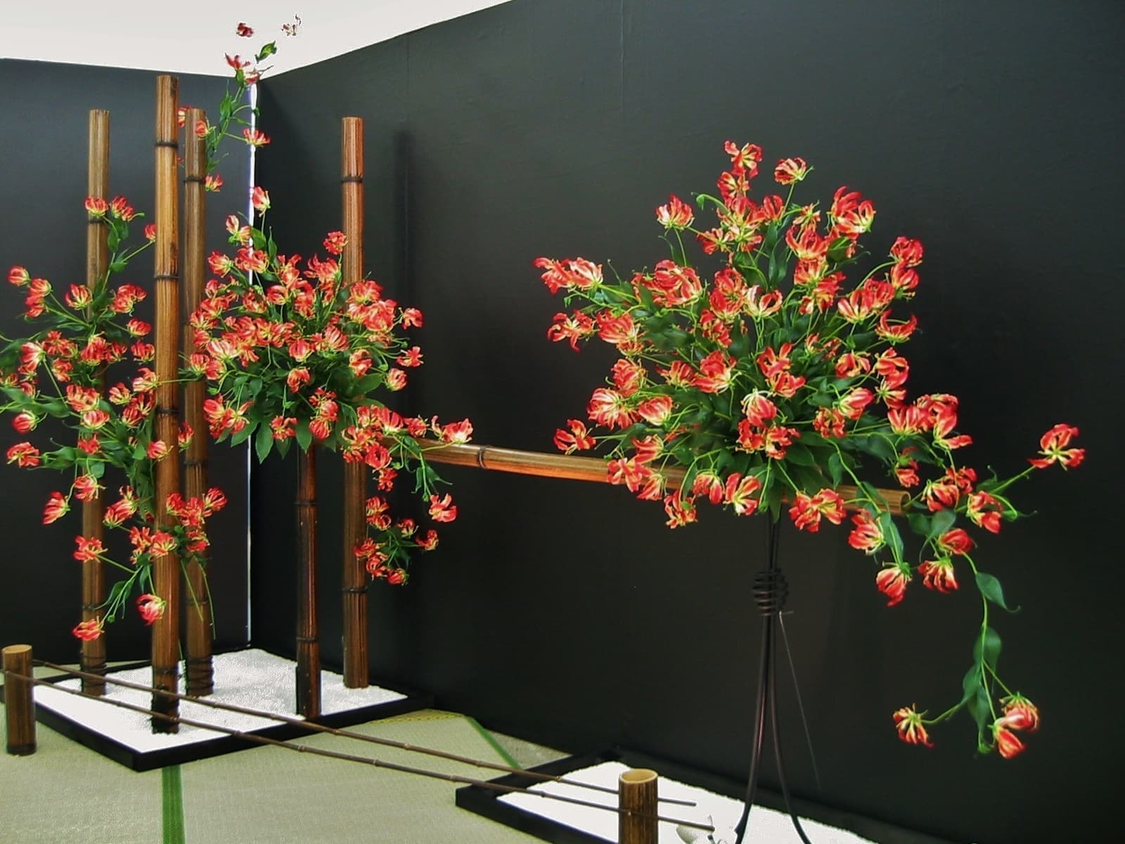 グロリオサの赤で統一したシンプルな和モダンなディスプレイ装飾。